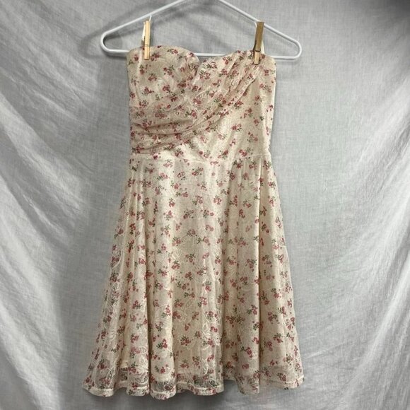 Strapless Floral Lace Midi Dress Womens S/M Smocked Bodice Cottagecore Fairy - Picture 1 of 13